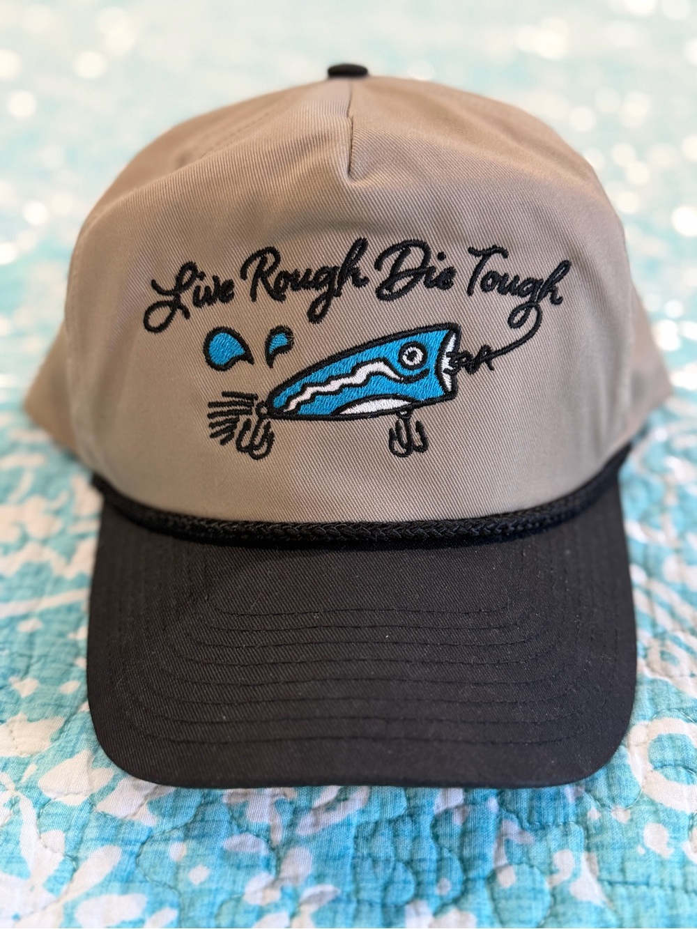 Live Rough 'Die Tough' Fishing Rope-Trim Cap in Tan and Black